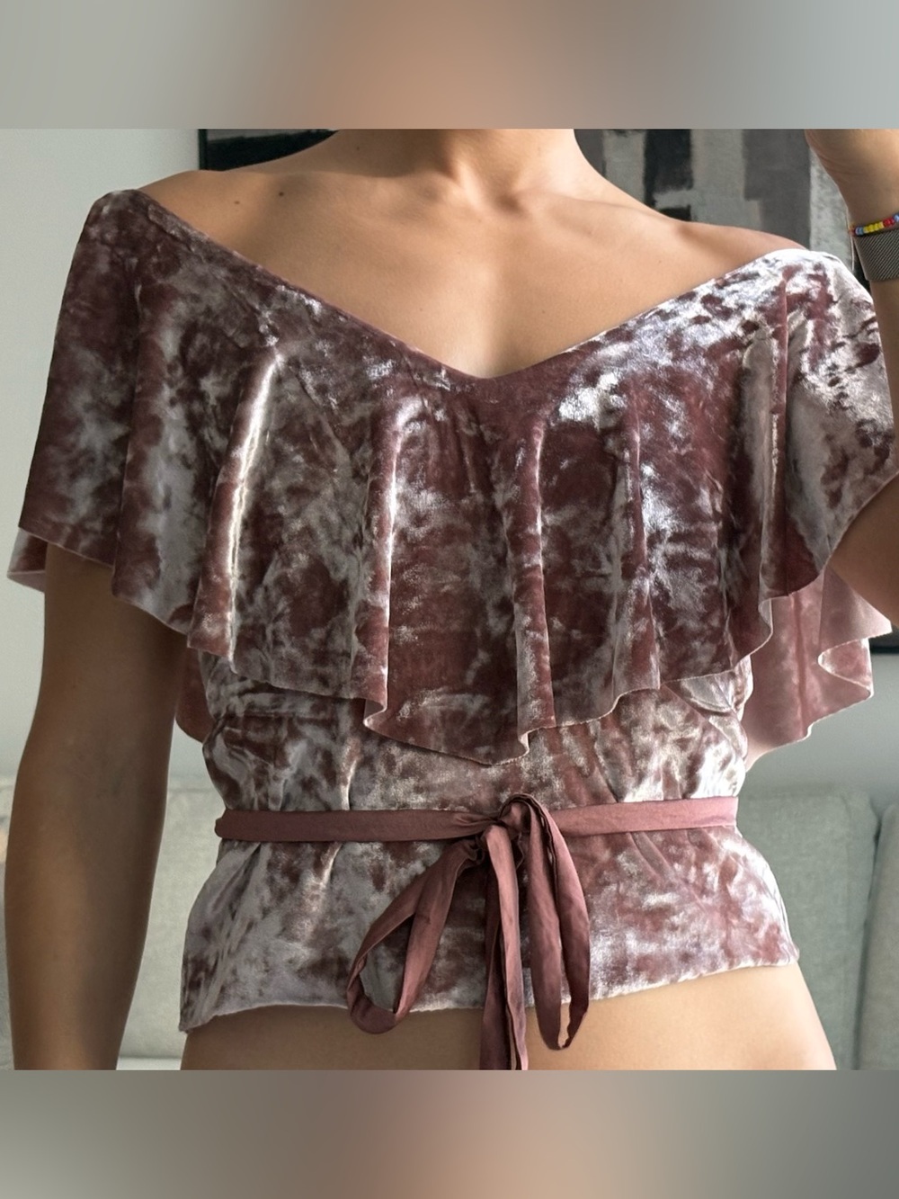 Zara Dusty Pink Velvet Off-Shoulder Crop Top